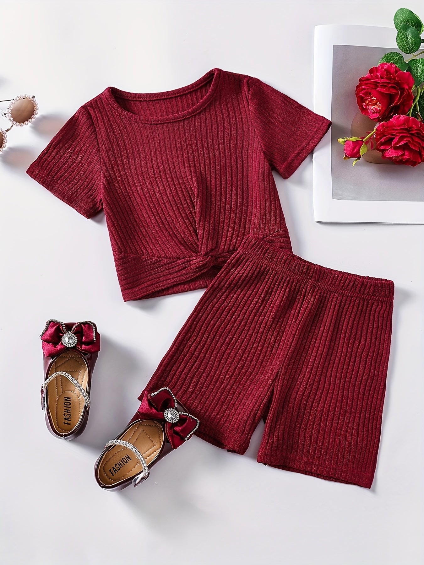 2pcs Toddler Girls Ribbed Knit T Shirt Top & Biker Shorts Set