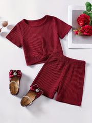 2pcs Toddler Girls Ribbed Knit T Shirt Top & Biker Shorts Set