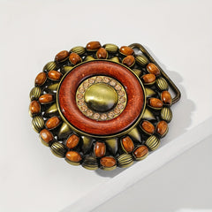 Vintage Golden Turquoise Belt Buckle Boho Beads Round Cowboy Cowgirl Belt