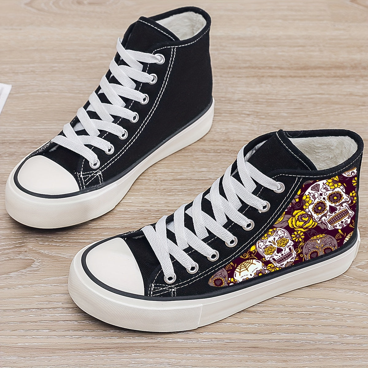 Skull Print Plush Lined High Top Canvas Sneakers