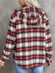 Plaid Print Long Sleeve Button Up Hoodie Drawstring Shirt Top