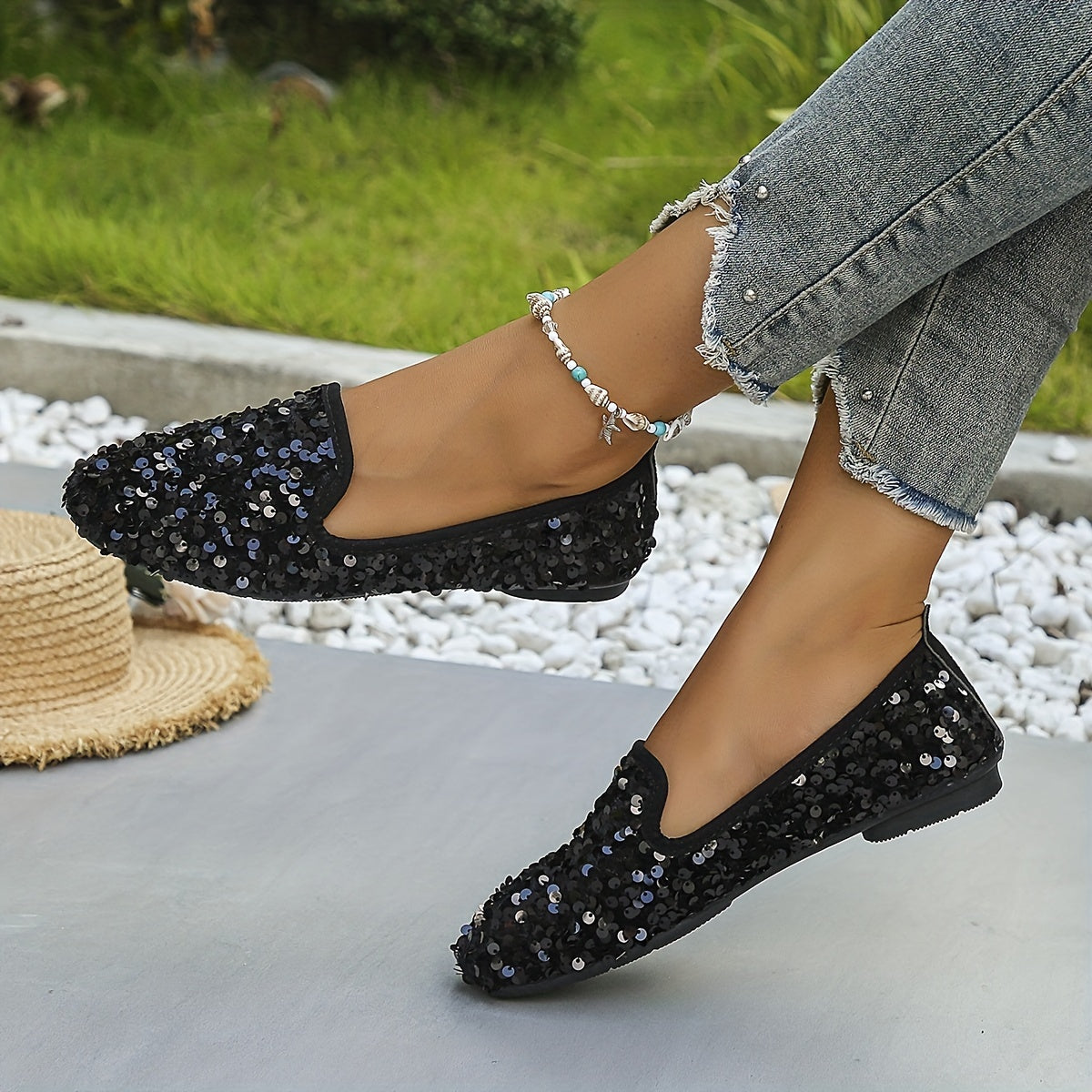 Sequin Flat Shoes Almond Toe Slip On Comfy Ballet Flats