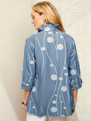Dot & Stripe Print Button Up 3/4 Sleeve Ruffle Trim Shirt
