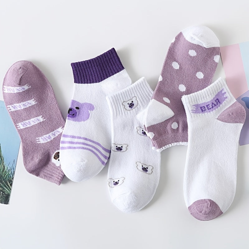 5 Pairs Cartoon Print Graphic Ankle Crew Socks Women's Floral Multi One Size