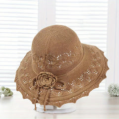 Pink Knitted Flower Sun Hat Hollow Breathable Foldable Bucket Hat