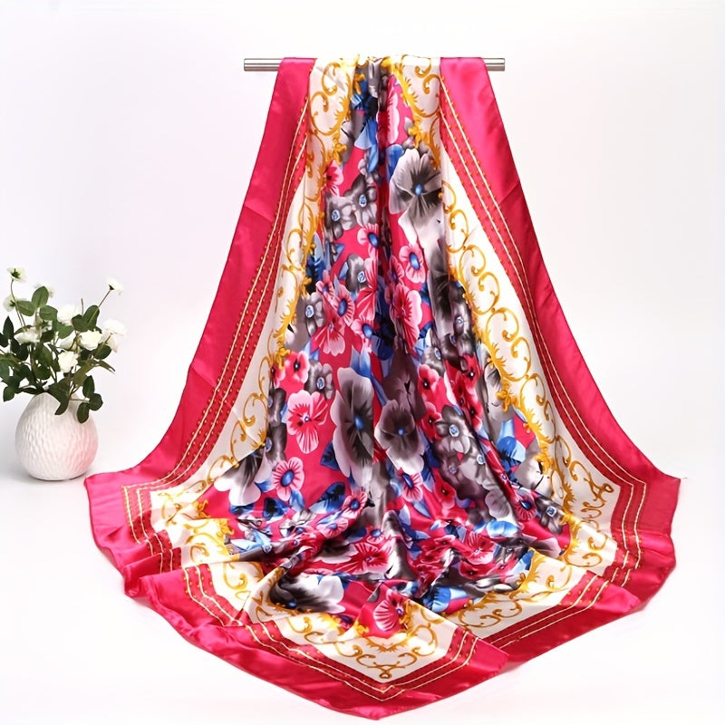Vintage Satin Flower Print Square Scarf Large Shawl