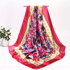 Vintage Satin Flower Print Square Scarf Large Shawl