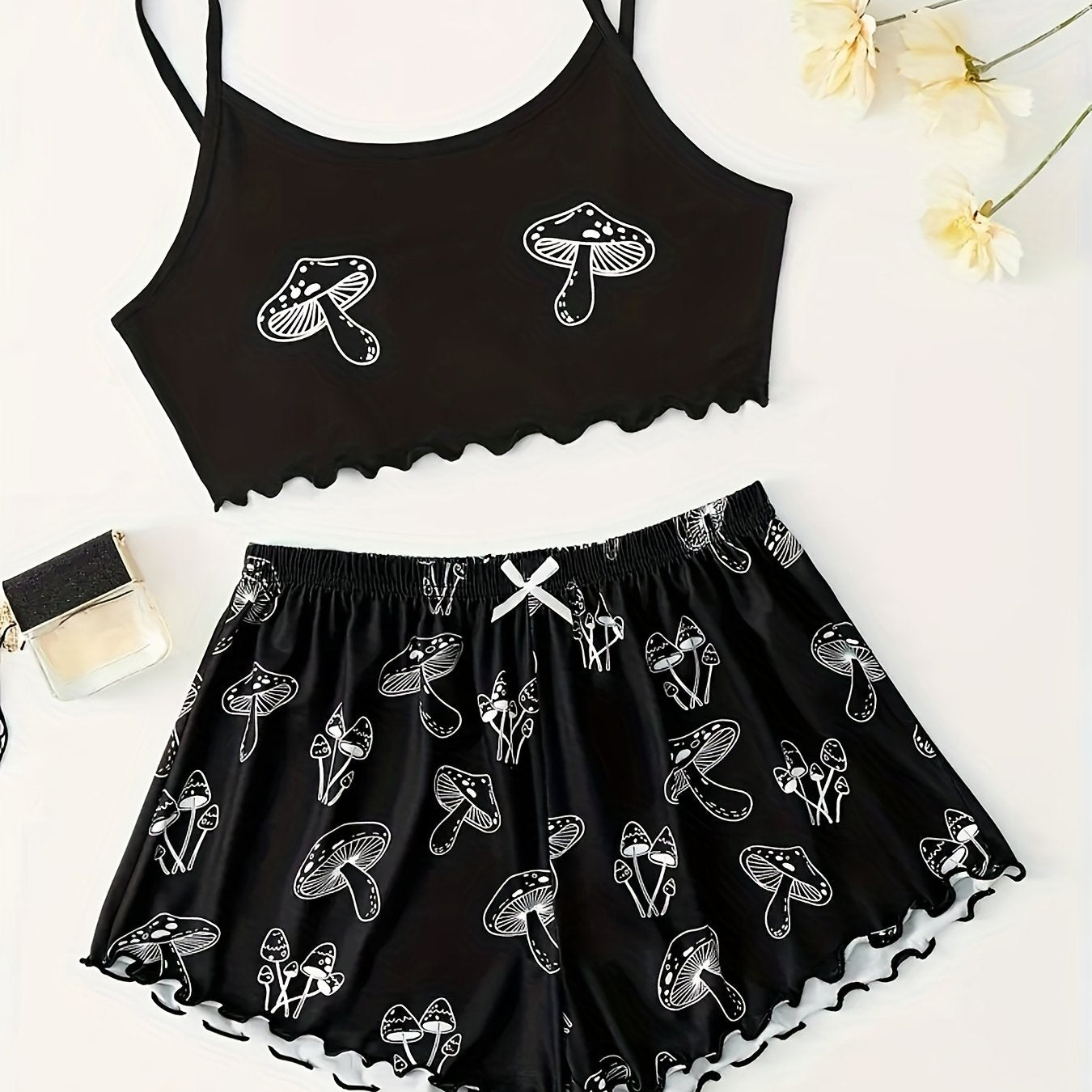 Mushroom Print Lounge Set Sleeveless Cami Crop Top & Bow Elastic Shorts