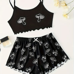 Mushroom Print Lounge Set Sleeveless Cami Crop Top & Bow Elastic Shorts