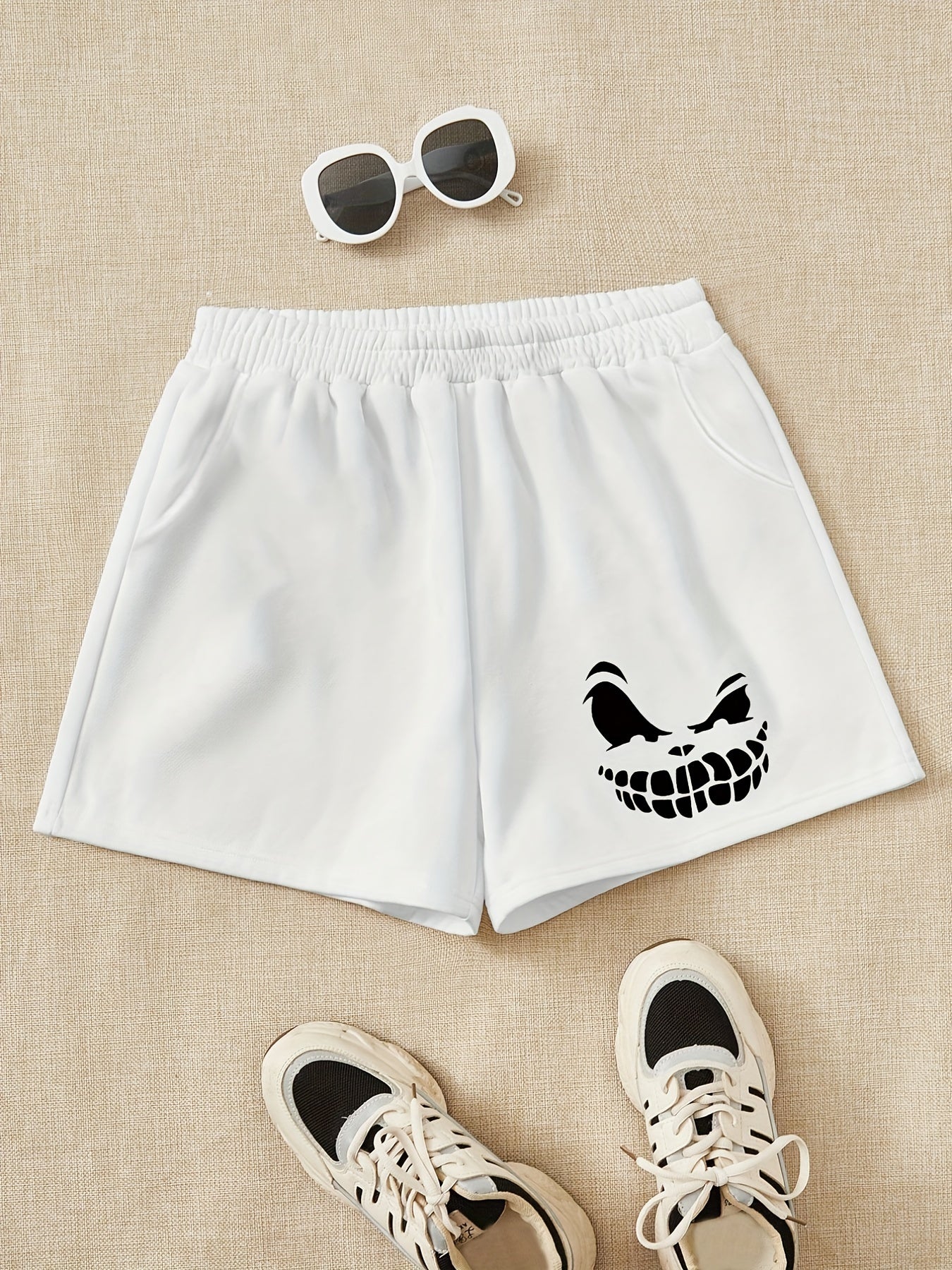 Girls Smile Print Casual Sweat Shorts Elastic Waist Work Out Shorts