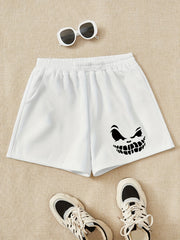 Girls Smile Print Casual Sweat Shorts Elastic Waist Work Out Shorts