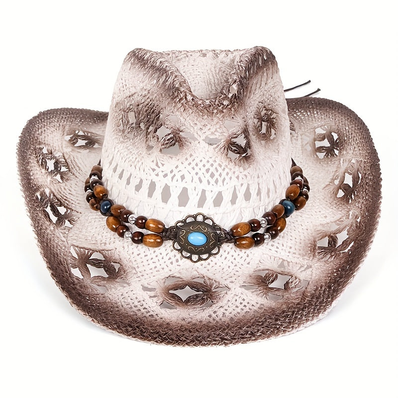 Hollow Out Cowboy Hat Beaded Turquoise Chain Straw Unisex Jazz Fedora