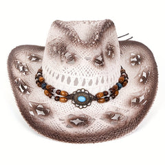 Hollow Out Cowboy Hat Beaded Turquoise Chain Straw Unisex Jazz Fedora