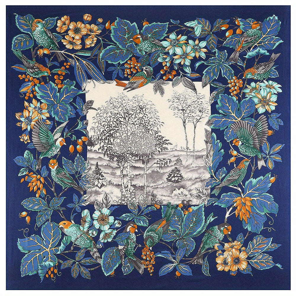 Satin Square Scarf Bird Flower Printed Sunscreen Large Shawl