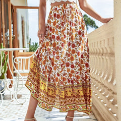 Boho Skirt Women's Plus Border Floral Print High Waist Maxi Skirt