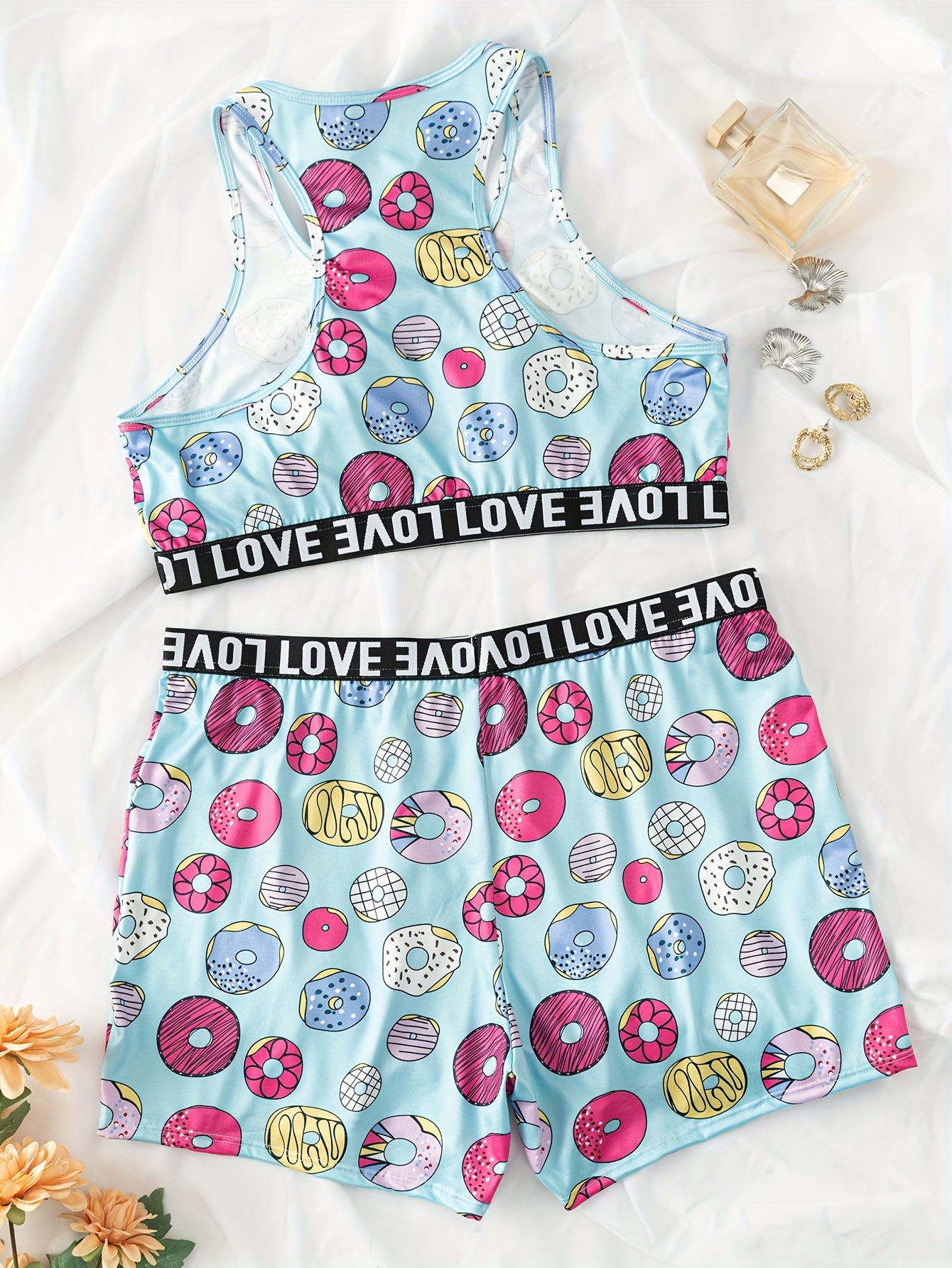Donut Print Crop Tank Top & Shorts Set