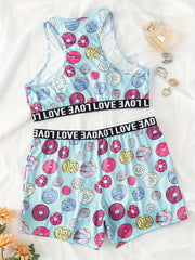 Donut Print Crop Tank Top & Shorts Set