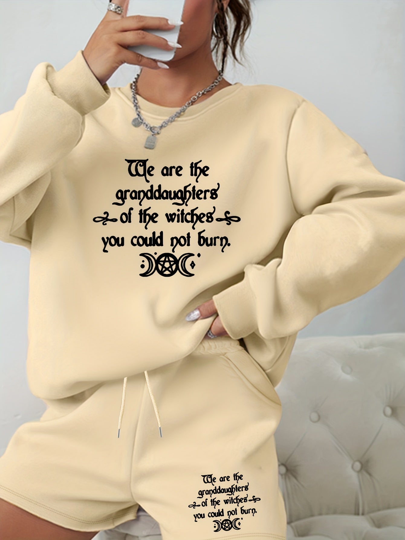 Plus Size 2 Piece Set Women's Slogan & Moon Print Sweatshirt & Shorts Outfits