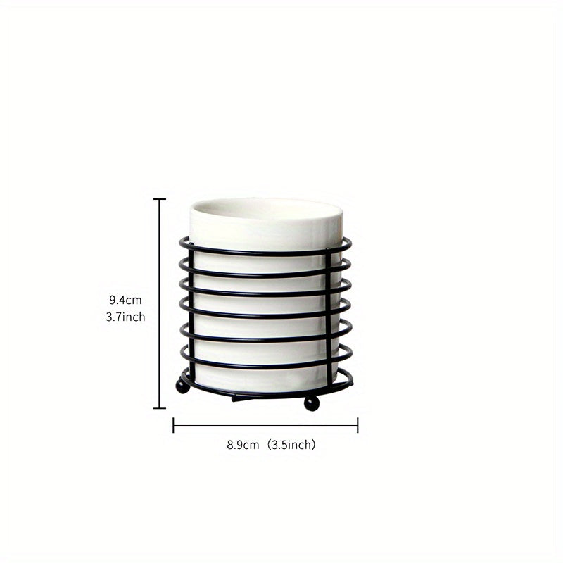 Kitchen Utensil Holder with Golden Ring Metal Frame and Ceramic Crocks