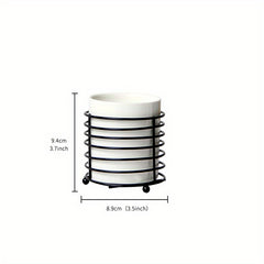 Kitchen Utensil Holder with Golden Ring Metal Frame and Ceramic Crocks