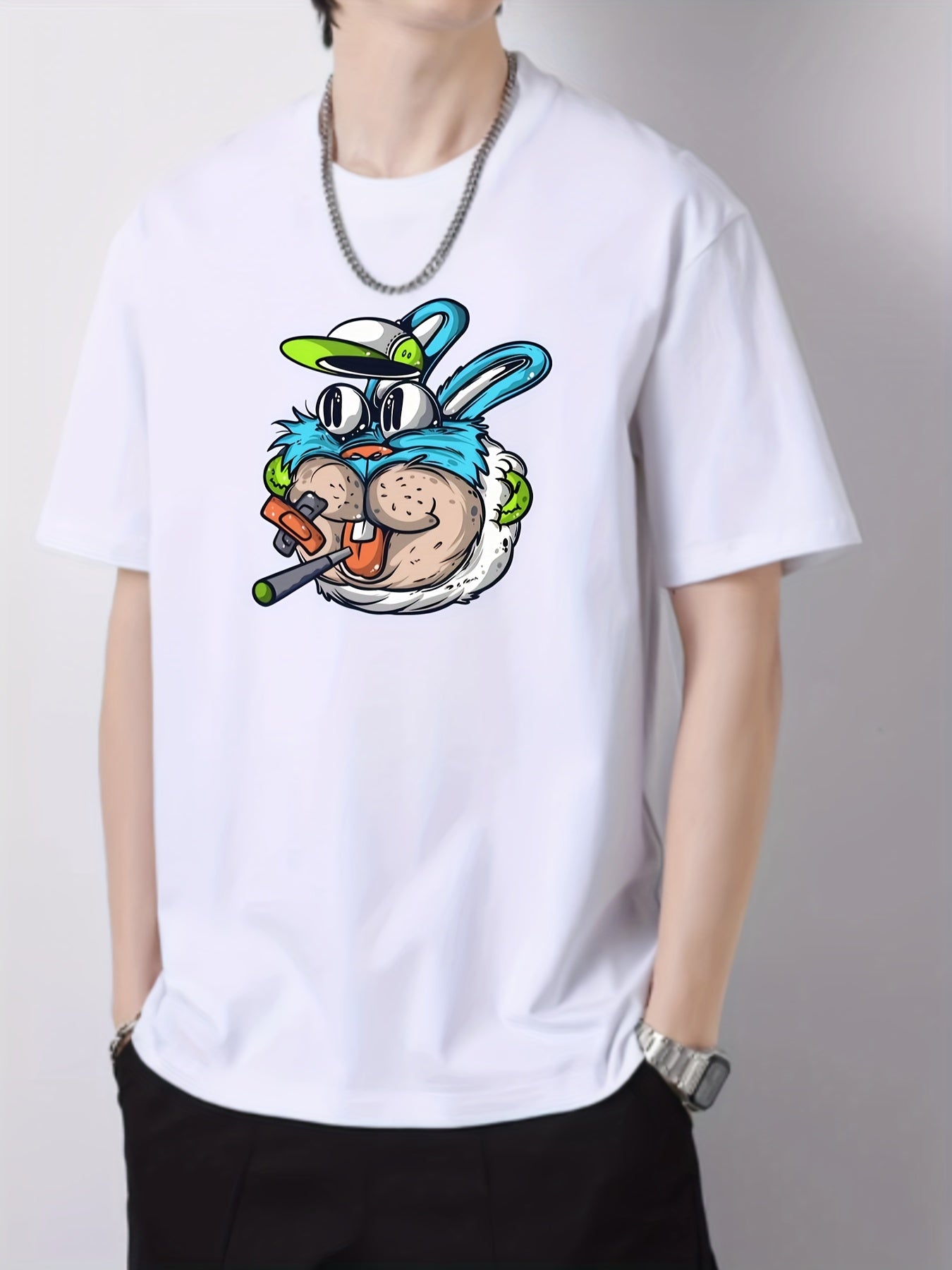 Cartoon Rabbit Print Men's Cotton Graphic Crew Neck Active T shirt