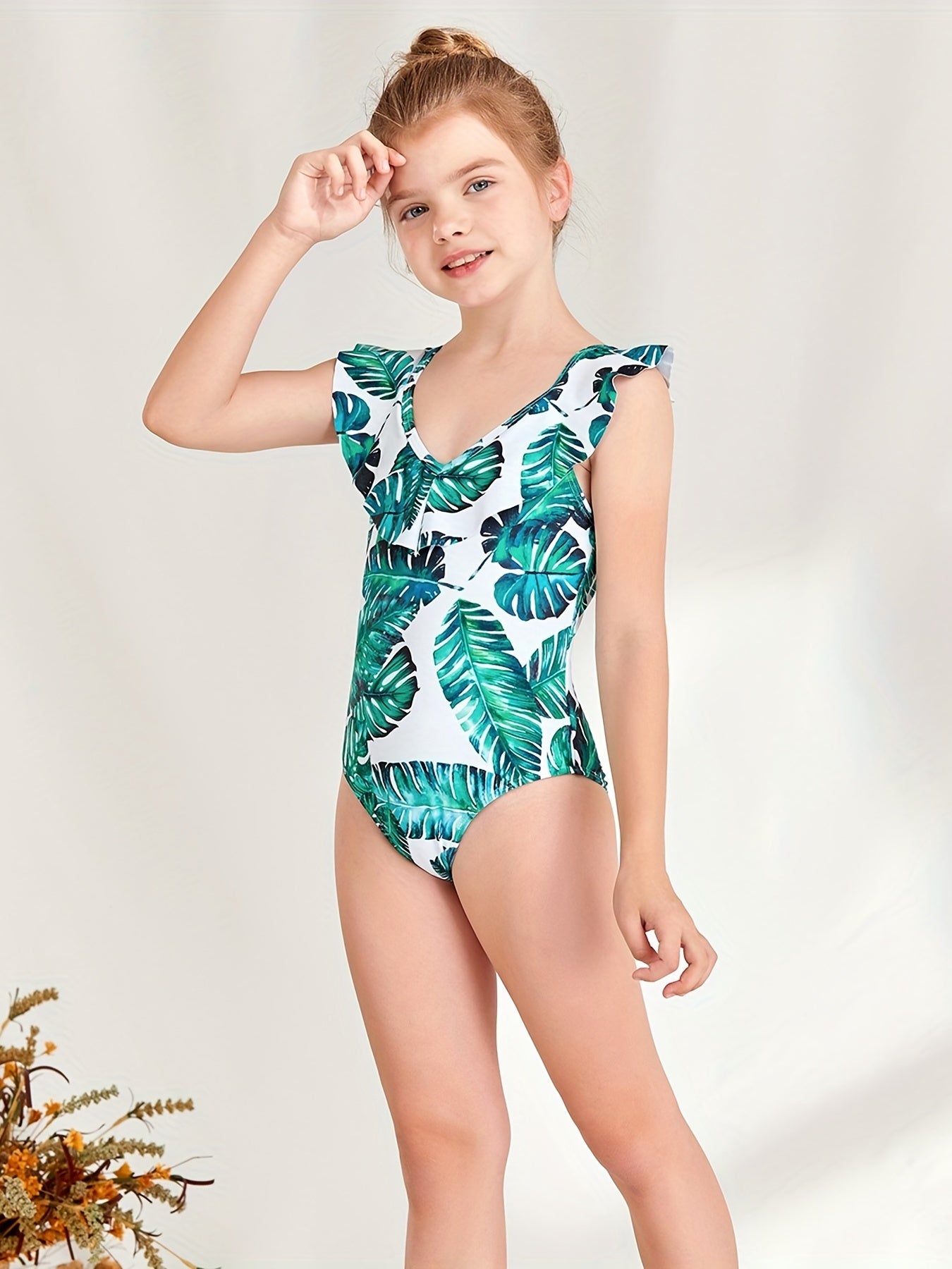 Girl's Tropical Plant Pattern Onesie Swimsuit Ruffle Tankini