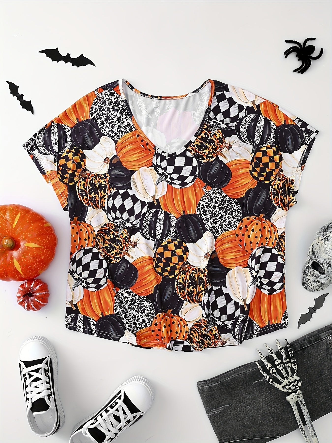 Halloween Blouse Women's Plus Allover Pumpkin Print Batwing Sleeve