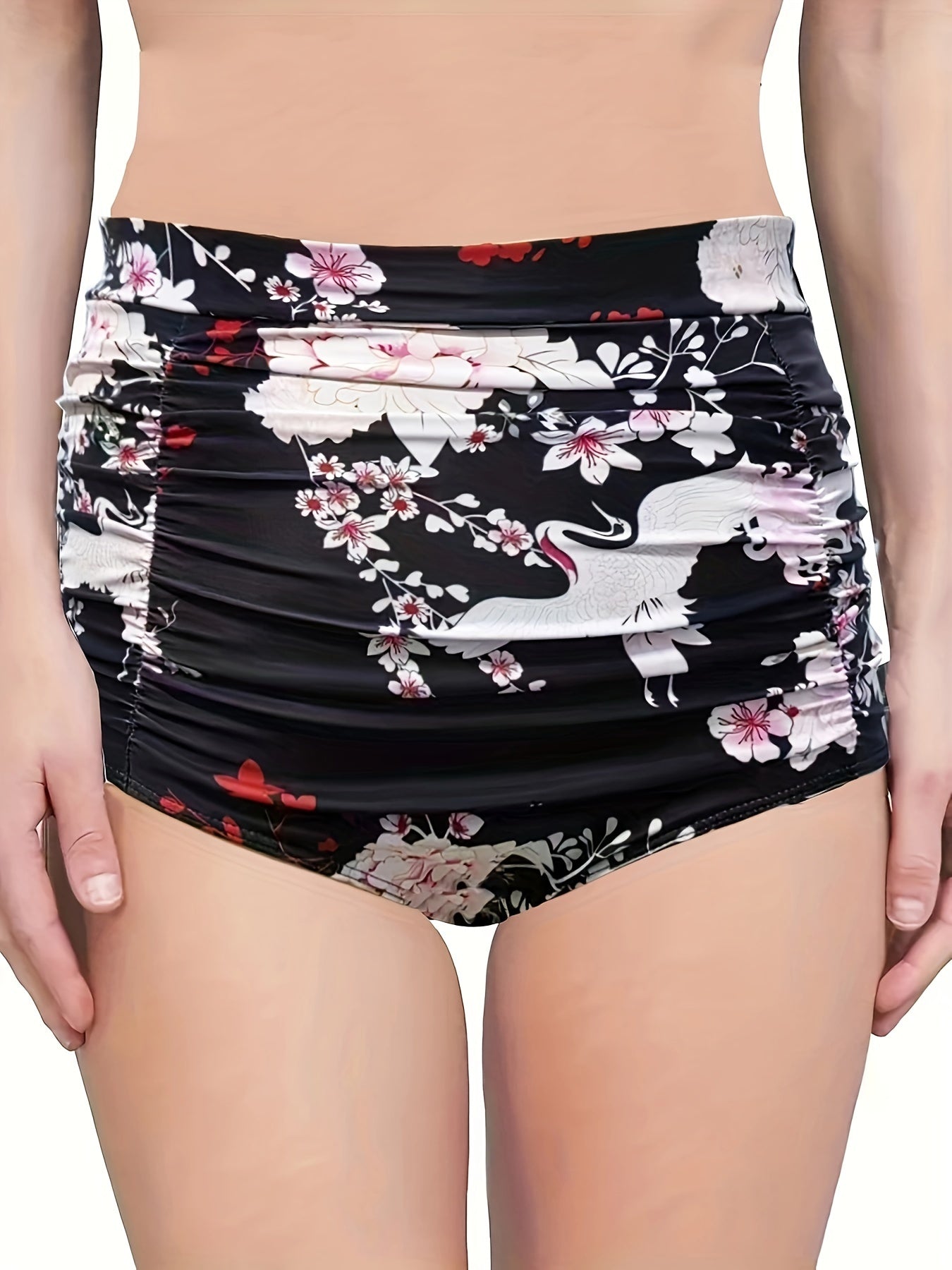 Coconut Tree Print Ruched High Waist Bikini Bottoms