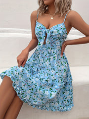Floral Print Vacation Dress Sleeveless Ruffle Trim