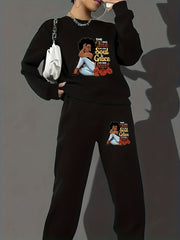 Women's Slogan Print Long Sleeve Sweatshirt & Joggers Set