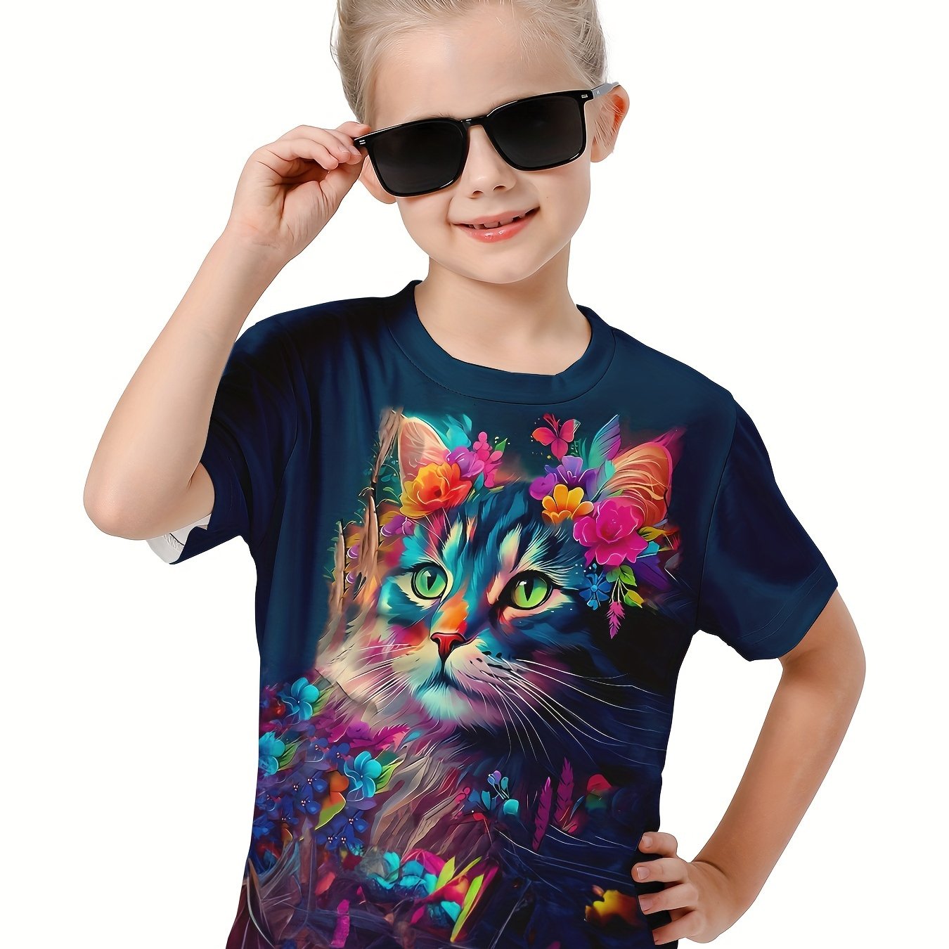 Girls Tie Dye Kitty Graphic Crew Neck T-shirt