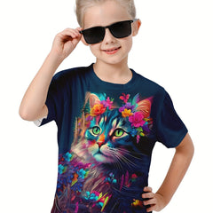 Girls Tie Dye Kitty Graphic Crew Neck T-shirt