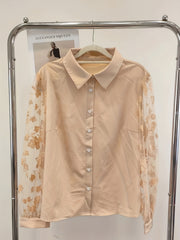 Blouse Women's Plus Solid Contrast Mesh Jacquard Sleeve Button Up