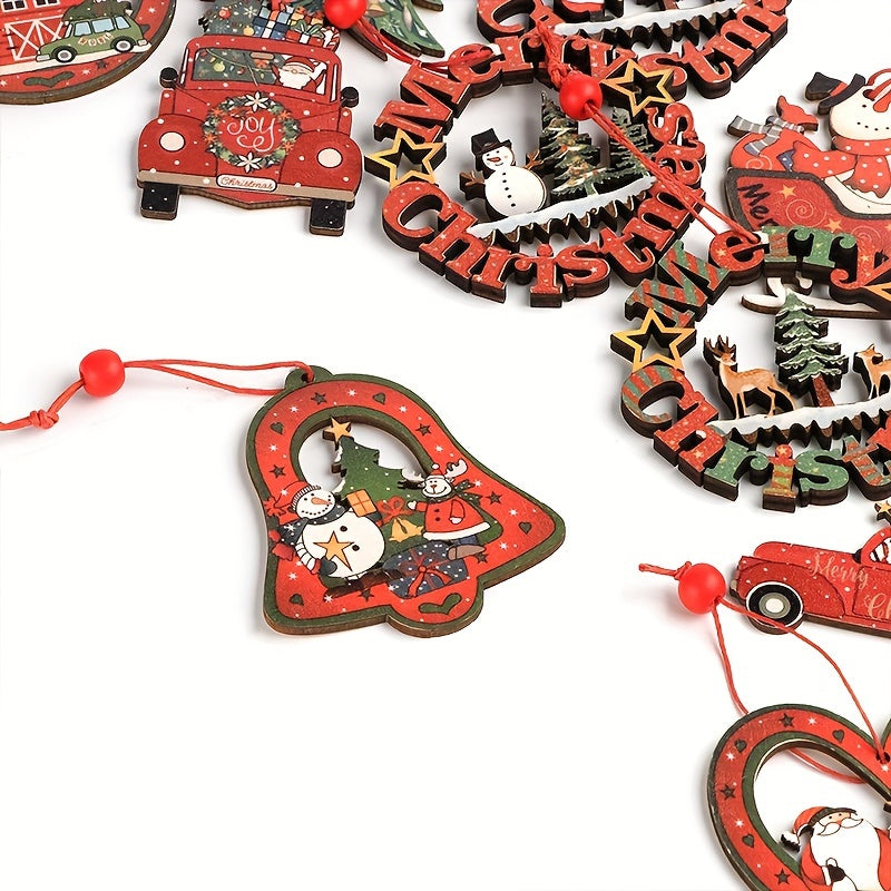 12pcs Wooden Christmas Tree Ornaments Cartoon Santa Claus Snowman