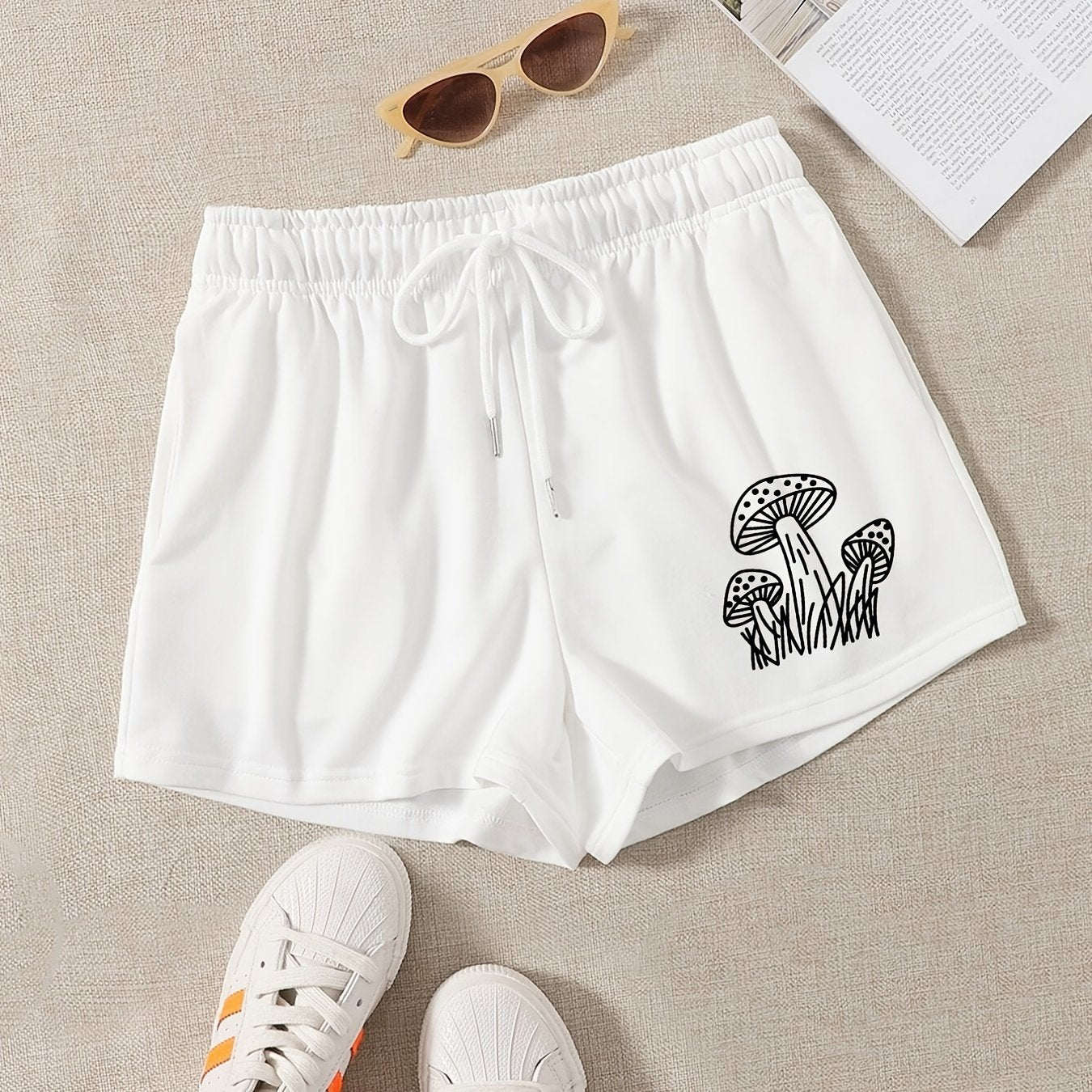 Mushroom Print Hotpants Drawstring Waist Shorts