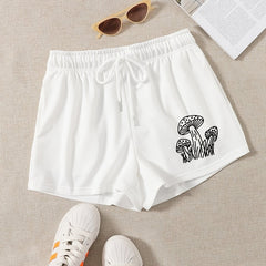 Mushroom Print Hotpants Drawstring Waist Shorts