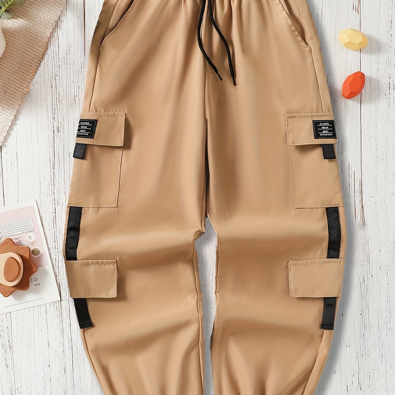 Boys Casual Cargo Pants Elastic Waist Drawstring Jogger Pants