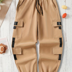 Boys Casual Cargo Pants Elastic Waist Drawstring Jogger Pants