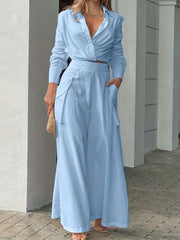 Casual Two Piece Set Long Sleeve Blouse & Wide Leg Pants Outfit