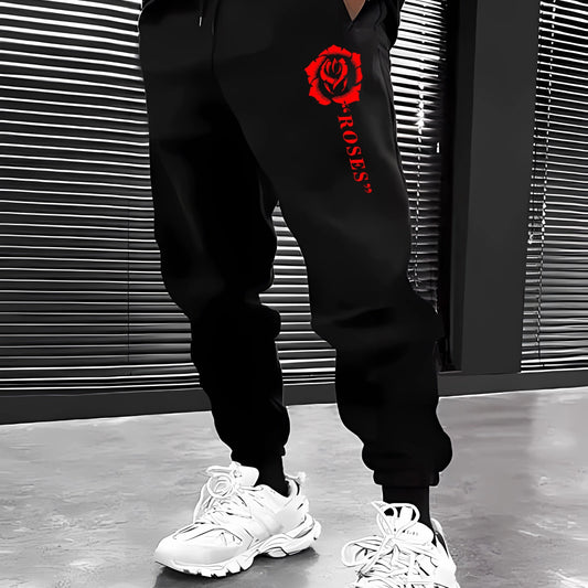 Rose Pattern Joggers Men's Casual Loose Fit Drawstring Pants