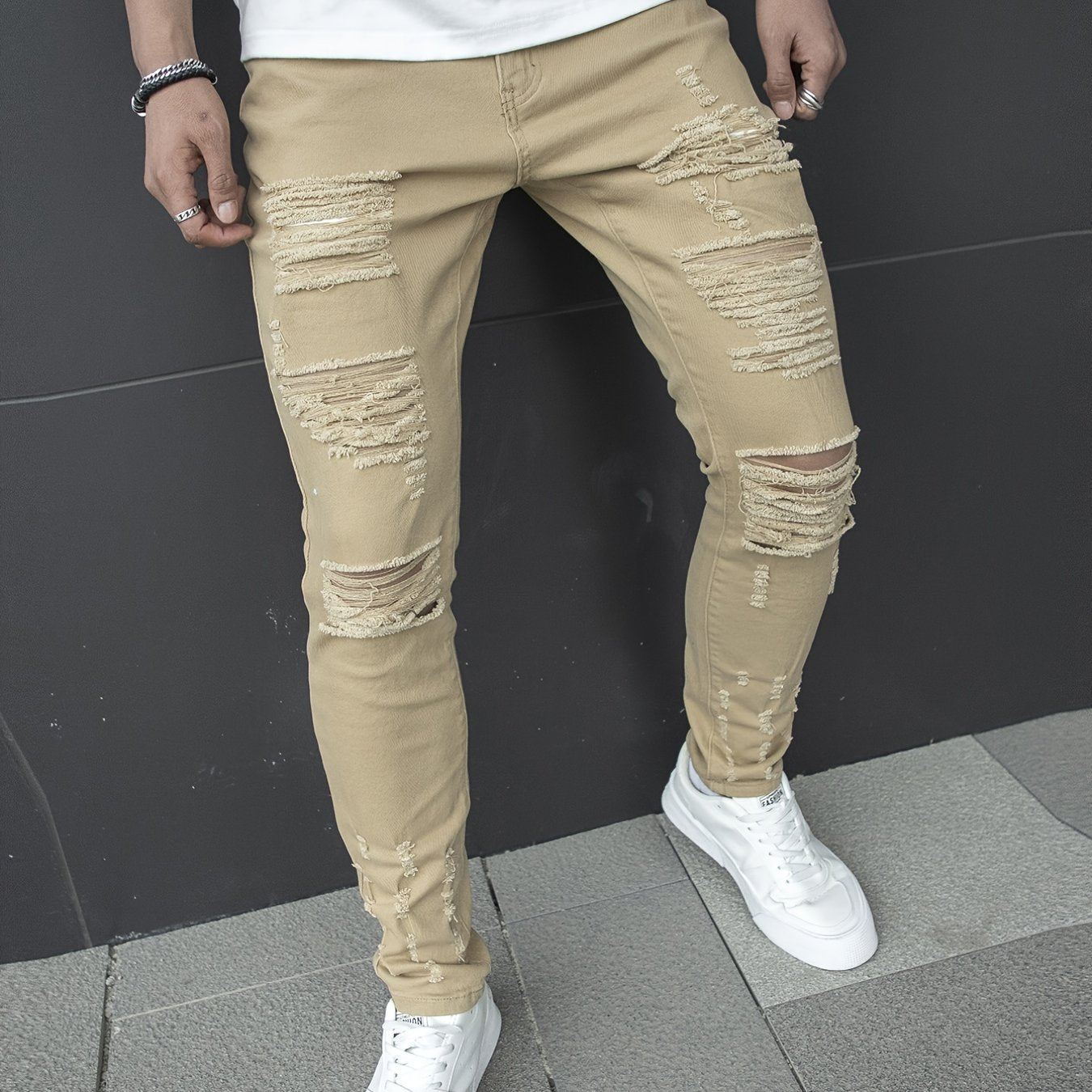 Men's Slim Fit Ripped Jeans Casual Street Style Distressed Denim Pants
