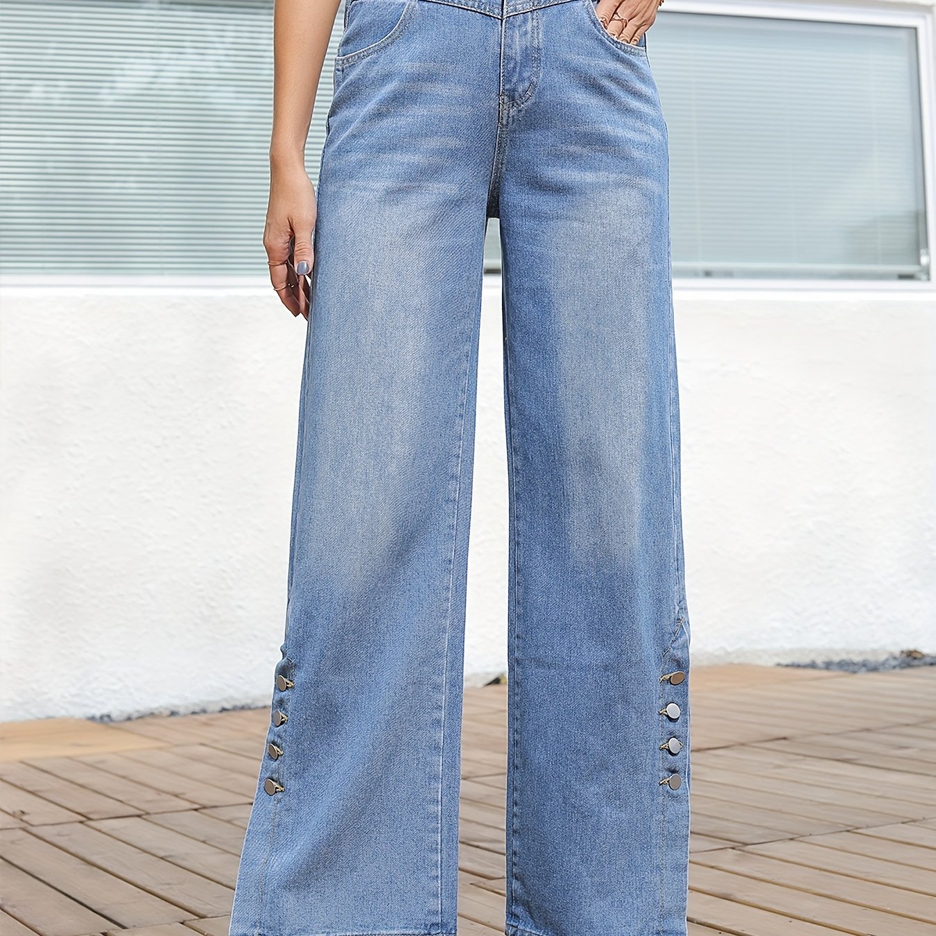 Wide Leg Straight Jeans Loose Fit Slash Pockets Button Detail Denim Pants