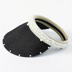 Faux Pearl Straw Visors Women Summer Sun Hats UV Protection