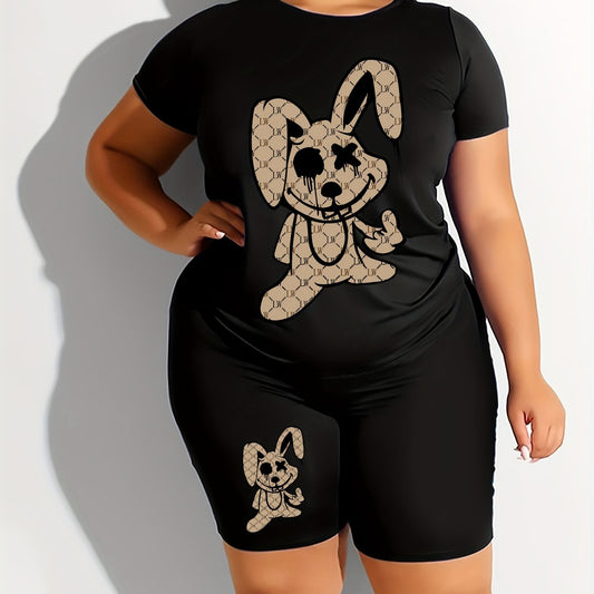 Goth Cartoon Rabbit Print Crop Top & Shorts Set