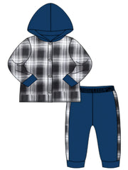 Boys Plaid Button Front Hooded Shirt Sweatpants Set
