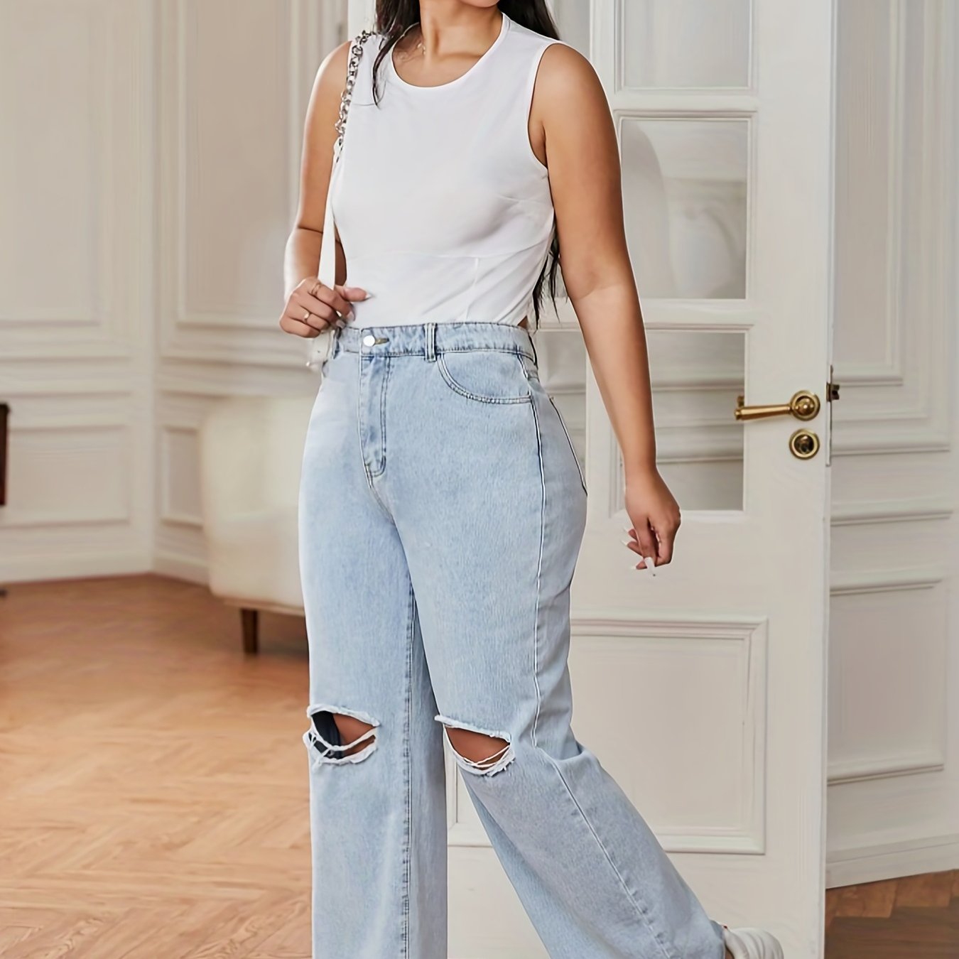 Solid Button Fly Ripped Fringe Wide Leg Jeans