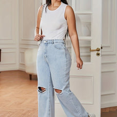 Solid Button Fly Ripped Fringe Wide Leg Jeans
