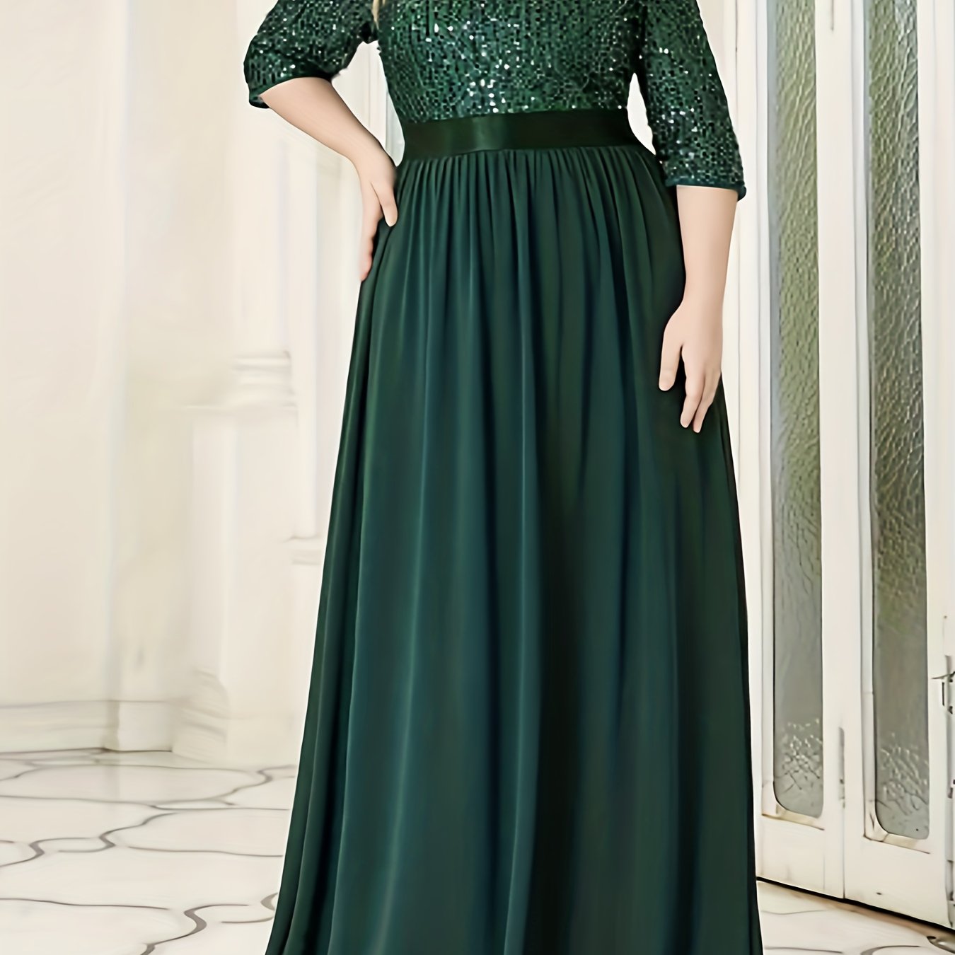Colorblock Sequin Half Sleeve V Neck Maxi Wedding Dress