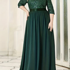 Colorblock Sequin Half Sleeve V Neck Maxi Wedding Dress