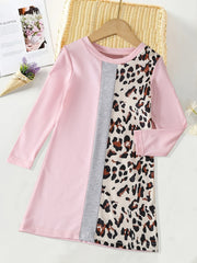Girls Leopard Splicing Dress Kids Spring Clothes